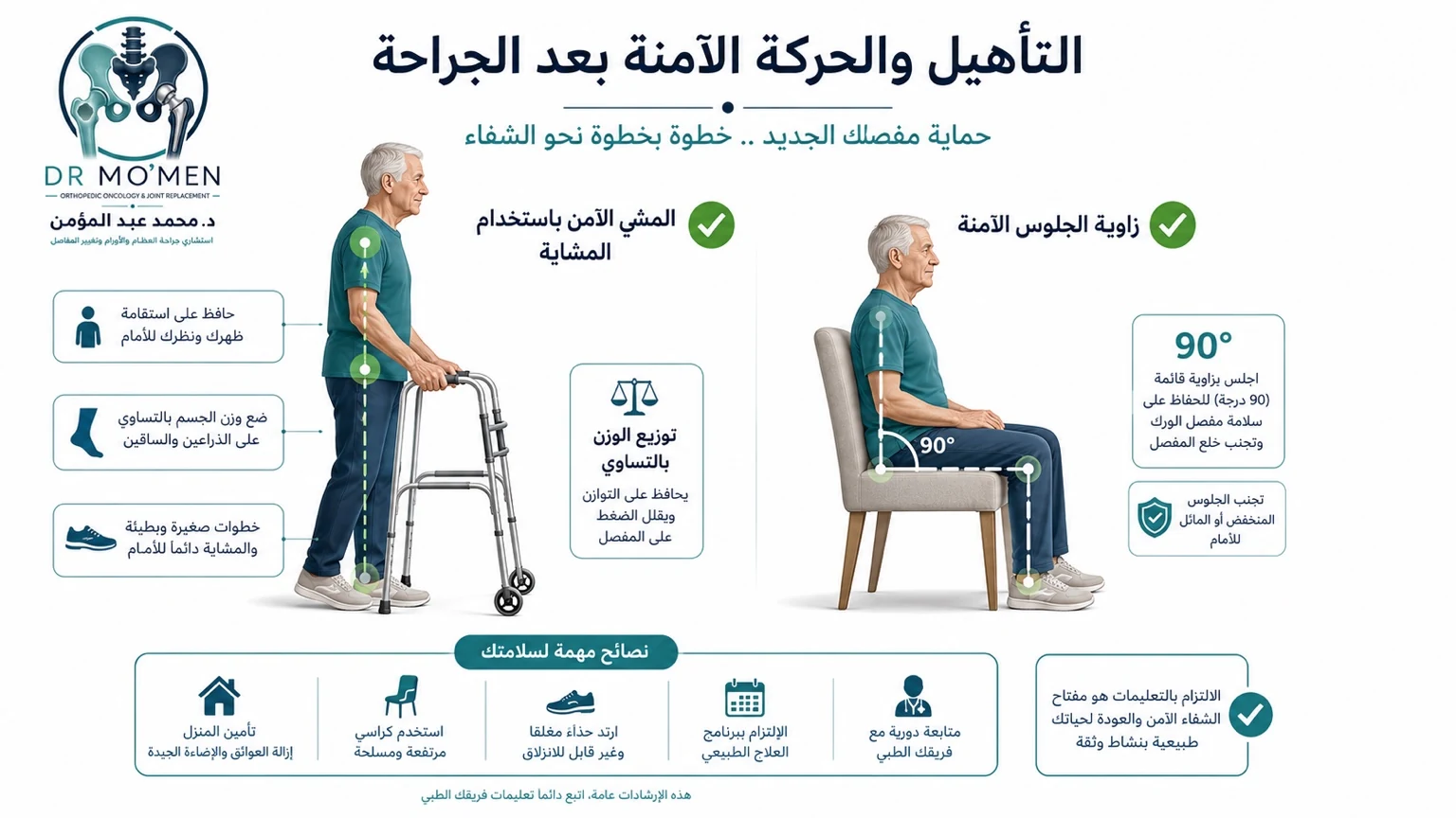 إنفوغرافيك طبي يوضح وضعيات الجلوس والمشي الصحيحة والآمنة باستخدام المشاية لكبار السن بعد العملية