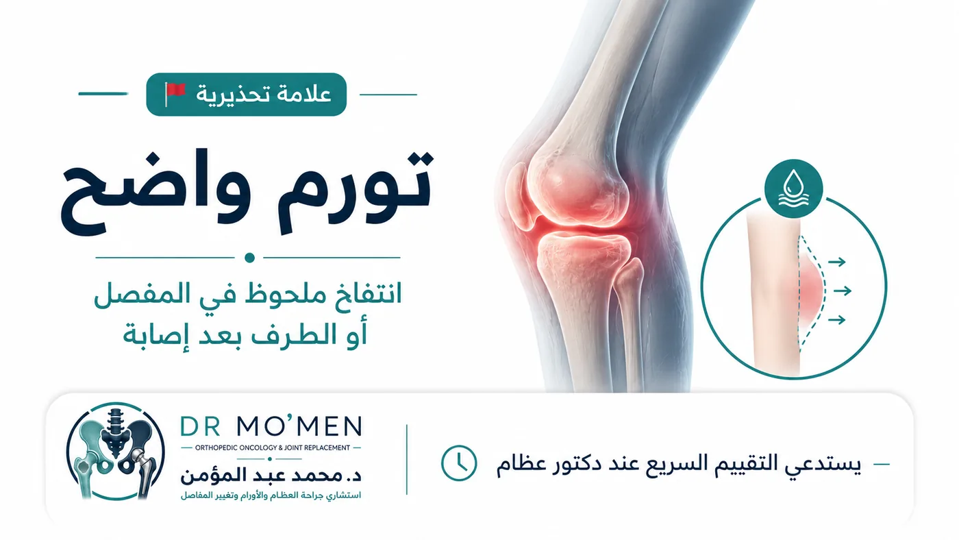 تورم واضح في المفصل أو الطرف بعد إصابة يستدعي الكشف السريع عند دكتور عظام